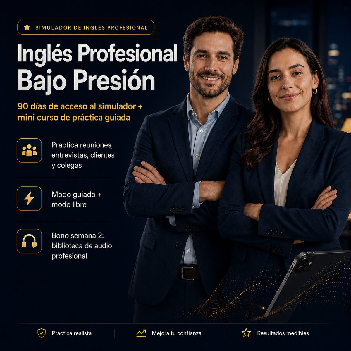 Inglés Profesional Bajo Presión — simulador de 90 días con práctica guiada para jefes, clientes, entrevistas y reuniones bajo presión